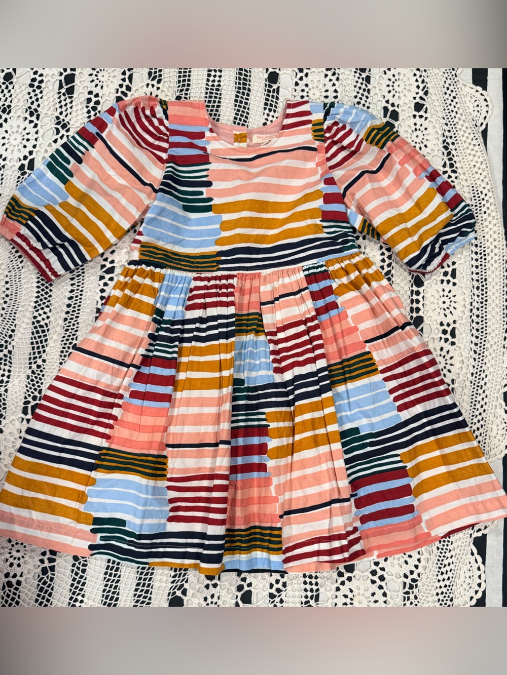 Pink Chicken Girls Multicolor Stripe Cotton Puff Sleeve Dress Size 6